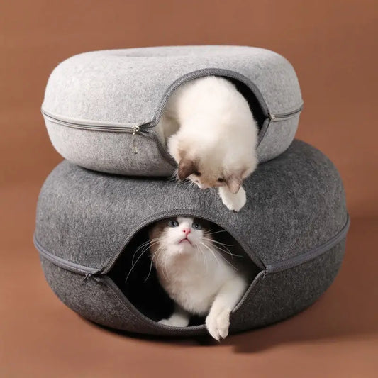 Cozy Donut Cat Bed with Interactive Tunnel - Perfect Indoor Playhouse for Your Feline Friend