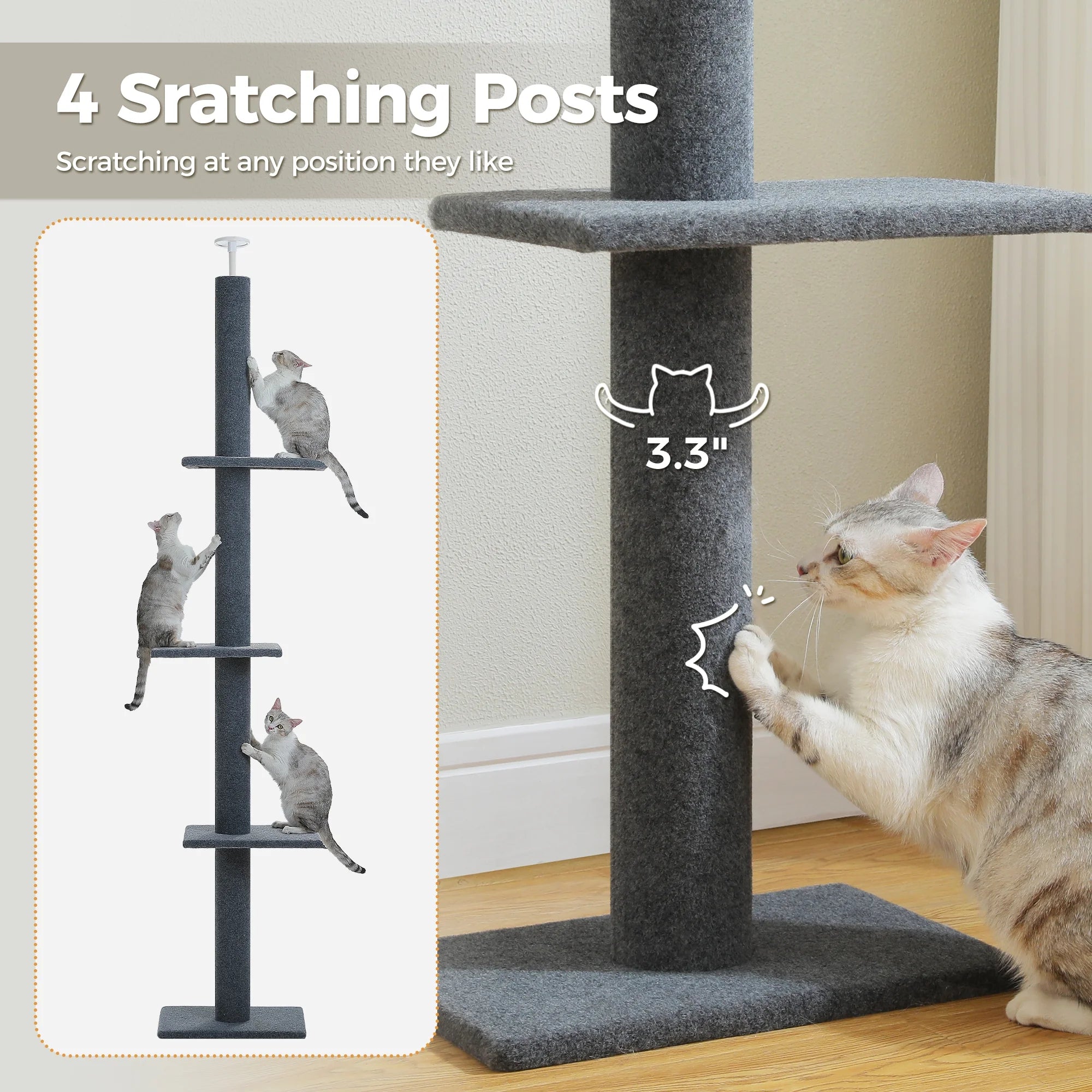 Elevate Your Cat's Playtime with the Adjustable 90-107" Gray Floor to Ceiling Cat Tree Tower - 4 Tier Climbing Posts & Cozy Perches!