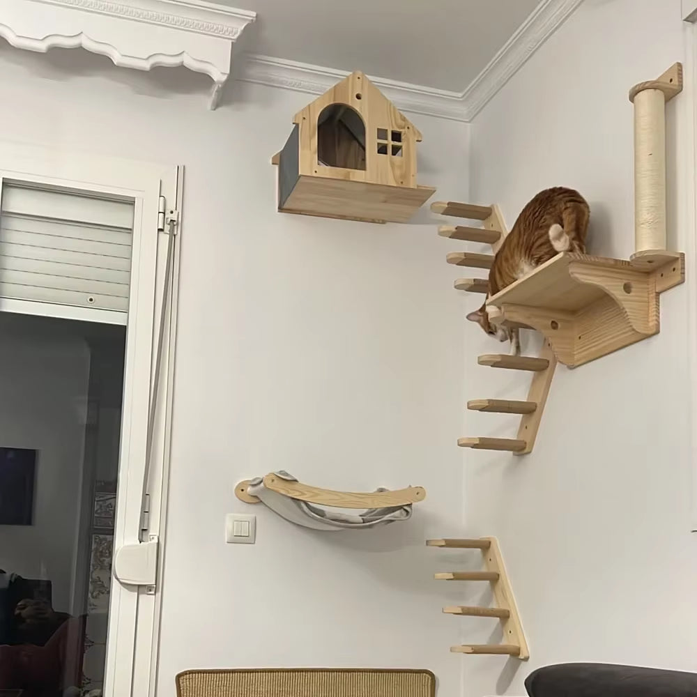 Elevate Your Cat's Playtime with Our Stylish Wooden Wall-Mounted Cat Tree Featuring Sisal Scratching Post and Cozy Hammock