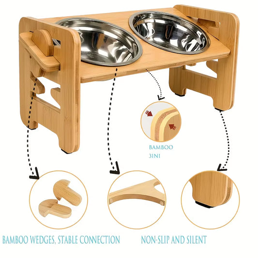 Elevate Your Pet's Dining Experience with the 6-Gears Adjustable Bamboo Dog & Cat Bowl Stand