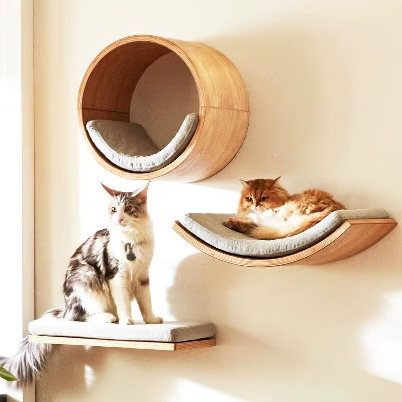Elevate Your Cat's Playtime with Our Stylish Wooden Wall-Mounted Cat Tree Featuring Sisal Scratching Post and Cozy Hammock