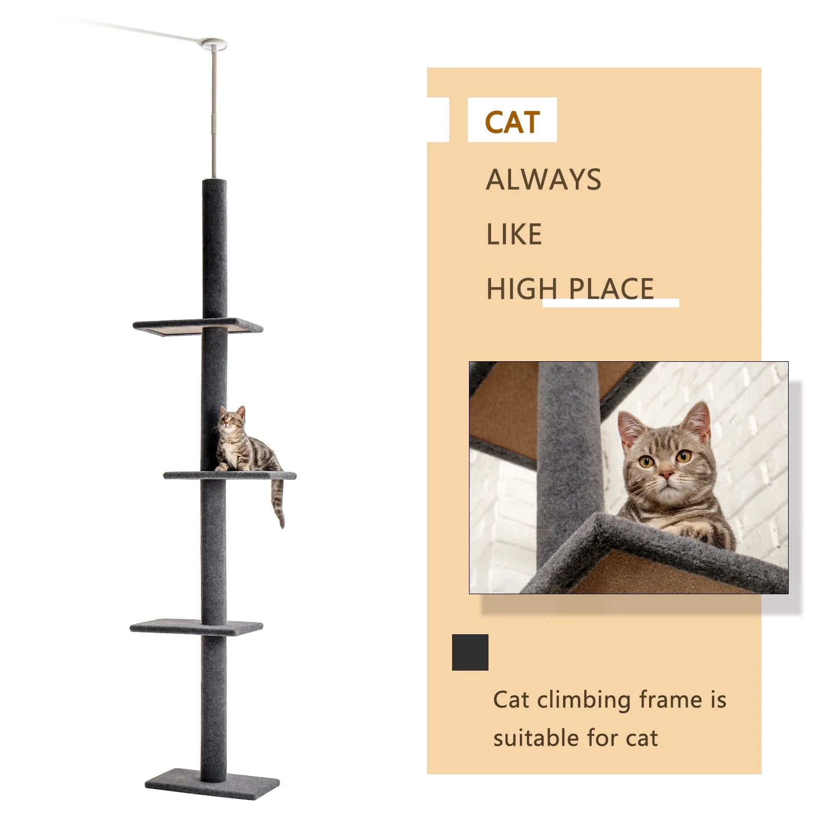 Elevate Your Cat's Playtime with the Adjustable 90-107" Gray Floor to Ceiling Cat Tree Tower - 4 Tier Climbing Posts & Cozy Perches!