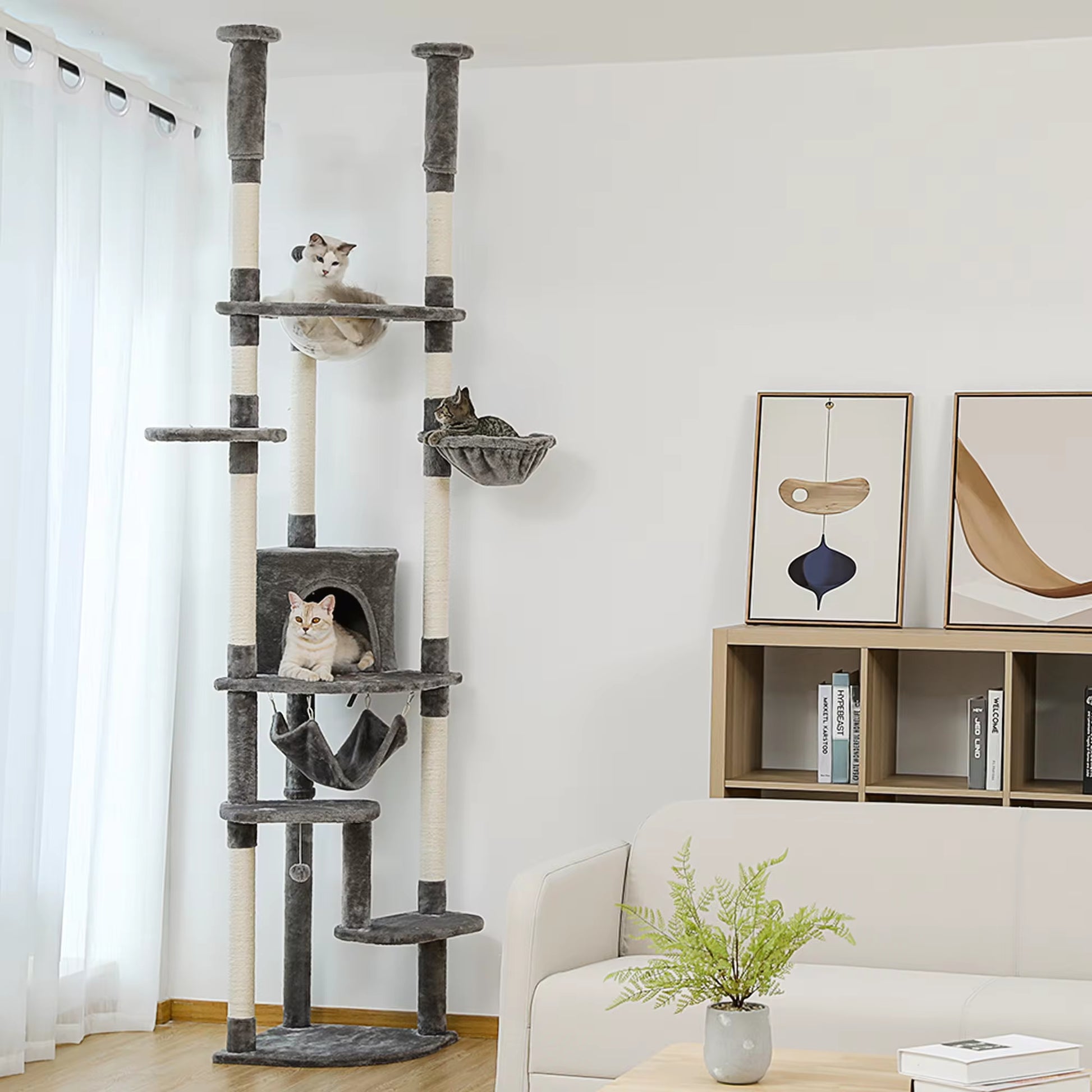 Transform Your Home with Our 230-252CM Cactus Cat Tree: A Stylish Floor-to-Ceiling Tower with 7 Tiers, Cozy Hammocks, and Green Leaves for Happy Cats