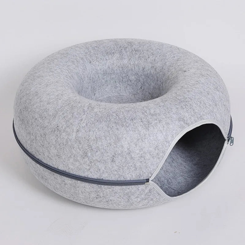Cozy Donut Cat Bed with Interactive Tunnel - Perfect Indoor Playhouse for Your Feline Friend