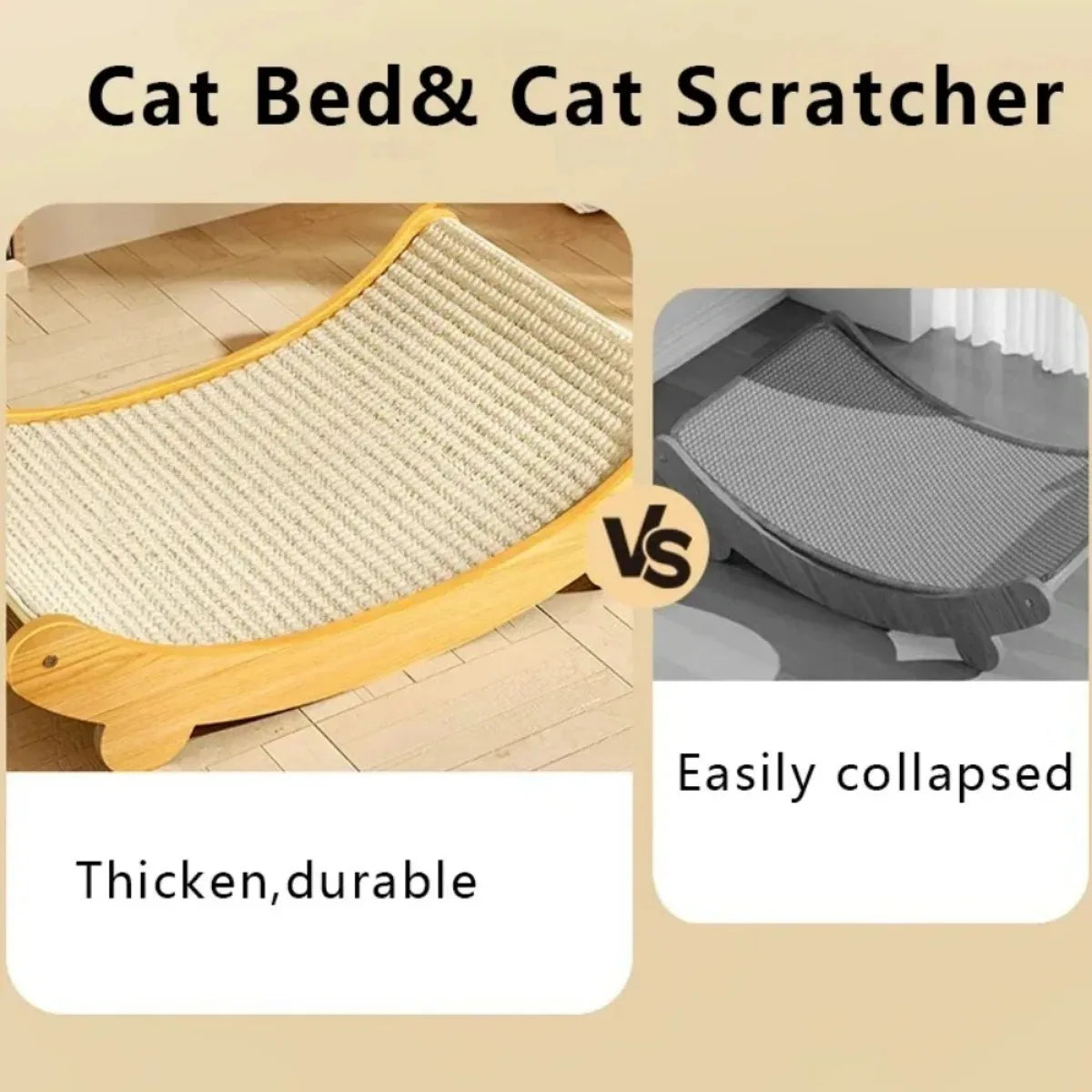 Wooden Cat Scratching Pad comparison with a collapsed option, highlighting thick, durable design.