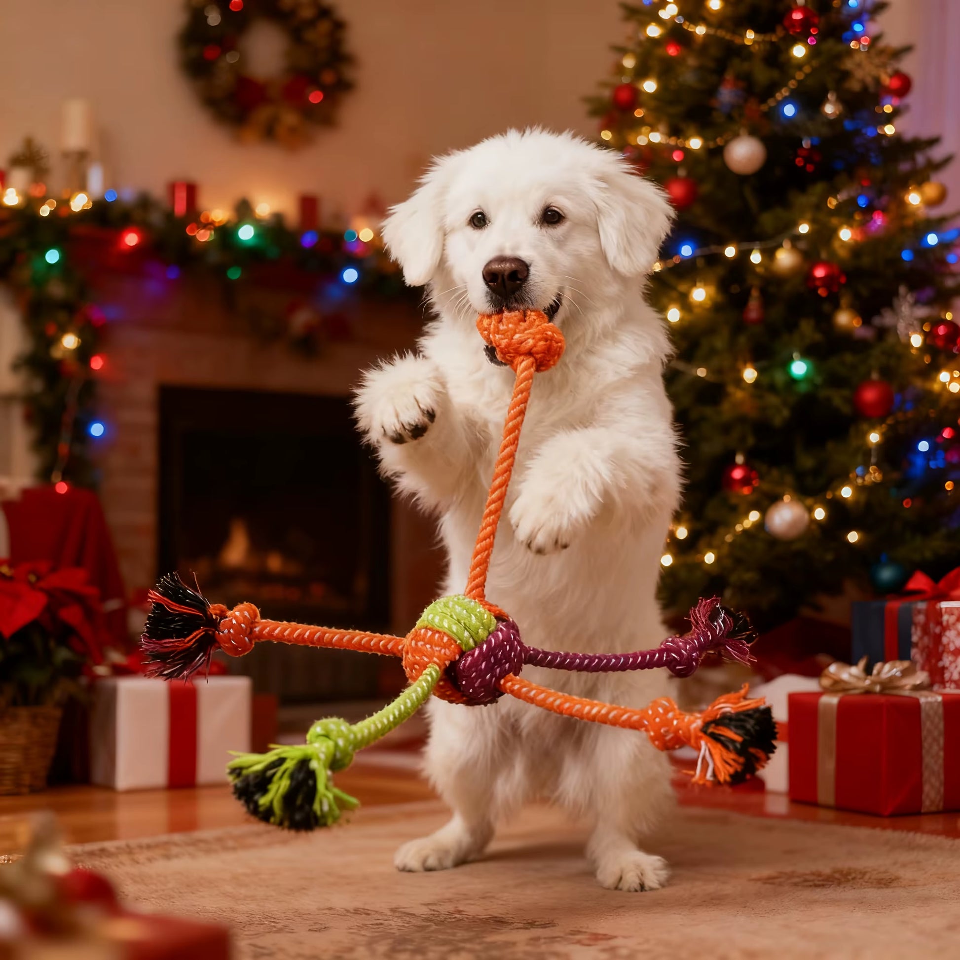 Durable Interactive Knot Toy for Dogs - Chewable Rope with Playful Green & Orange Fringes