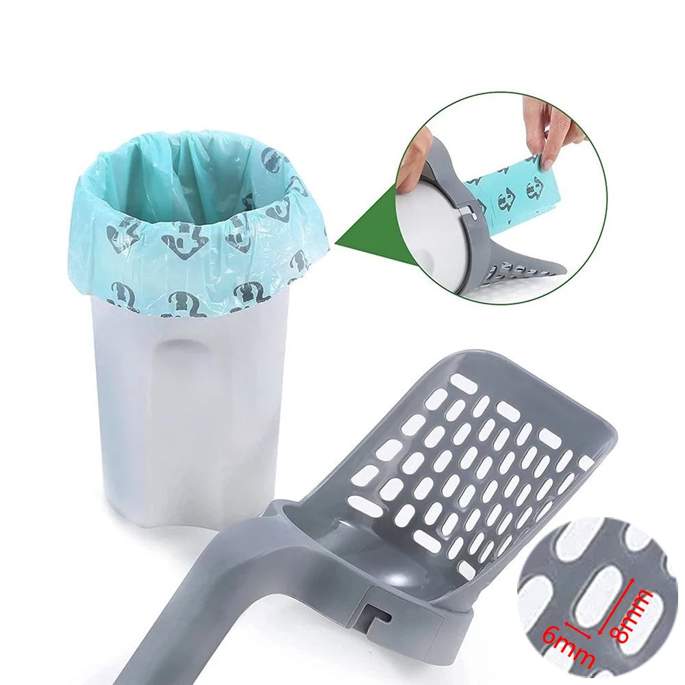 Effortless Cat Care: Grey Cat Litter Shovel Scoop with Trash Bag for Easy Cleaning and Maintenance