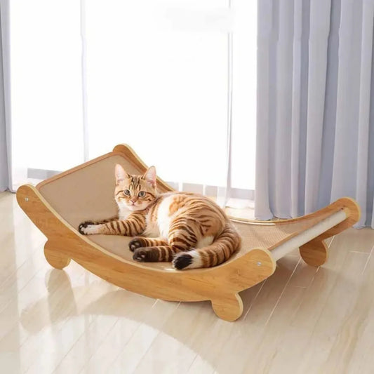 Wooden Cat Scratching Pad with a relaxed cat lounging comfortably on its surface, perfect for scratching and resting.