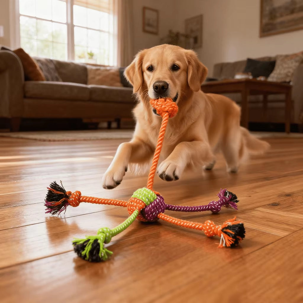 Durable Interactive Knot Toy for Dogs - Chewable Rope with Playful Green & Orange Fringes
