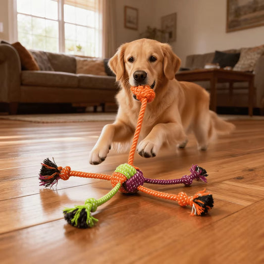 Durable Interactive Knot Toy for Dogs - Chewable Rope with Playful Green & Orange Fringes