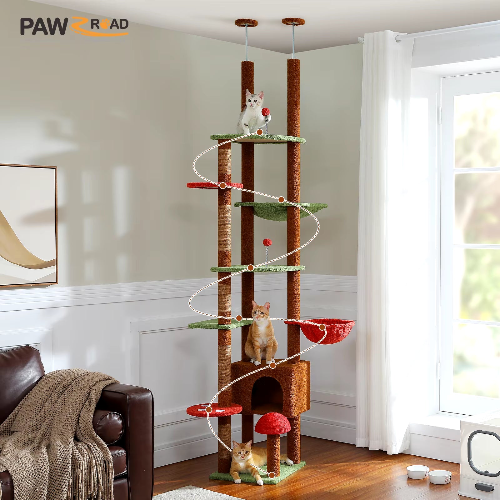 Transform Your Home with Our 230-252CM Cactus Cat Tree: A Stylish Floor-to-Ceiling Tower with 7 Tiers, Cozy Hammocks, and Green Leaves for Happy Cats