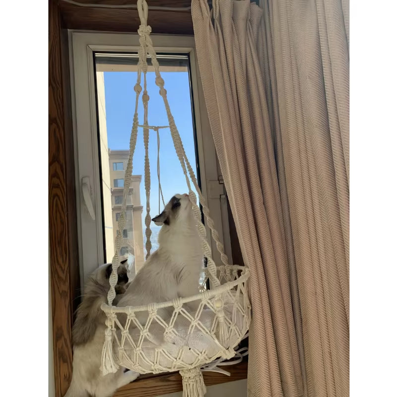 Elevate Your Cat's Comfort with Our Bohemian Handwoven Cotton Hammock Swing Bed - Perfect for Home Décor!