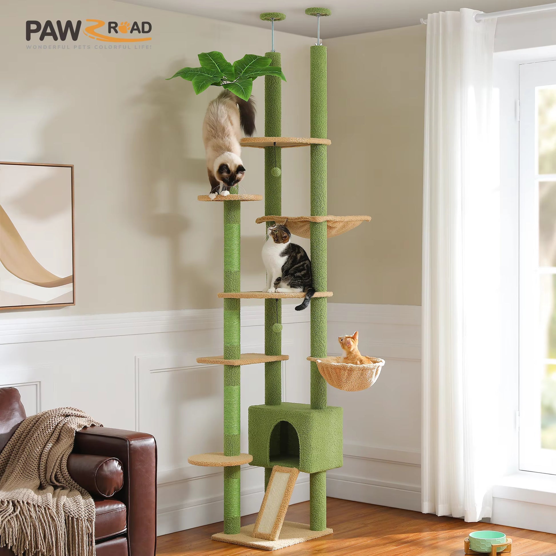 Transform Your Home with Our 230-252CM Cactus Cat Tree: A Stylish Floor-to-Ceiling Tower with 7 Tiers, Cozy Hammocks, and Green Leaves for Happy Cats