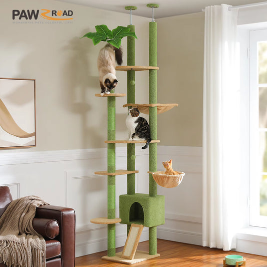 Transform Your Home with Our 230-252CM Cactus Cat Tree: A Stylish Floor-to-Ceiling Tower with 7 Tiers, Cozy Hammocks, and Green Leaves for Happy Cats