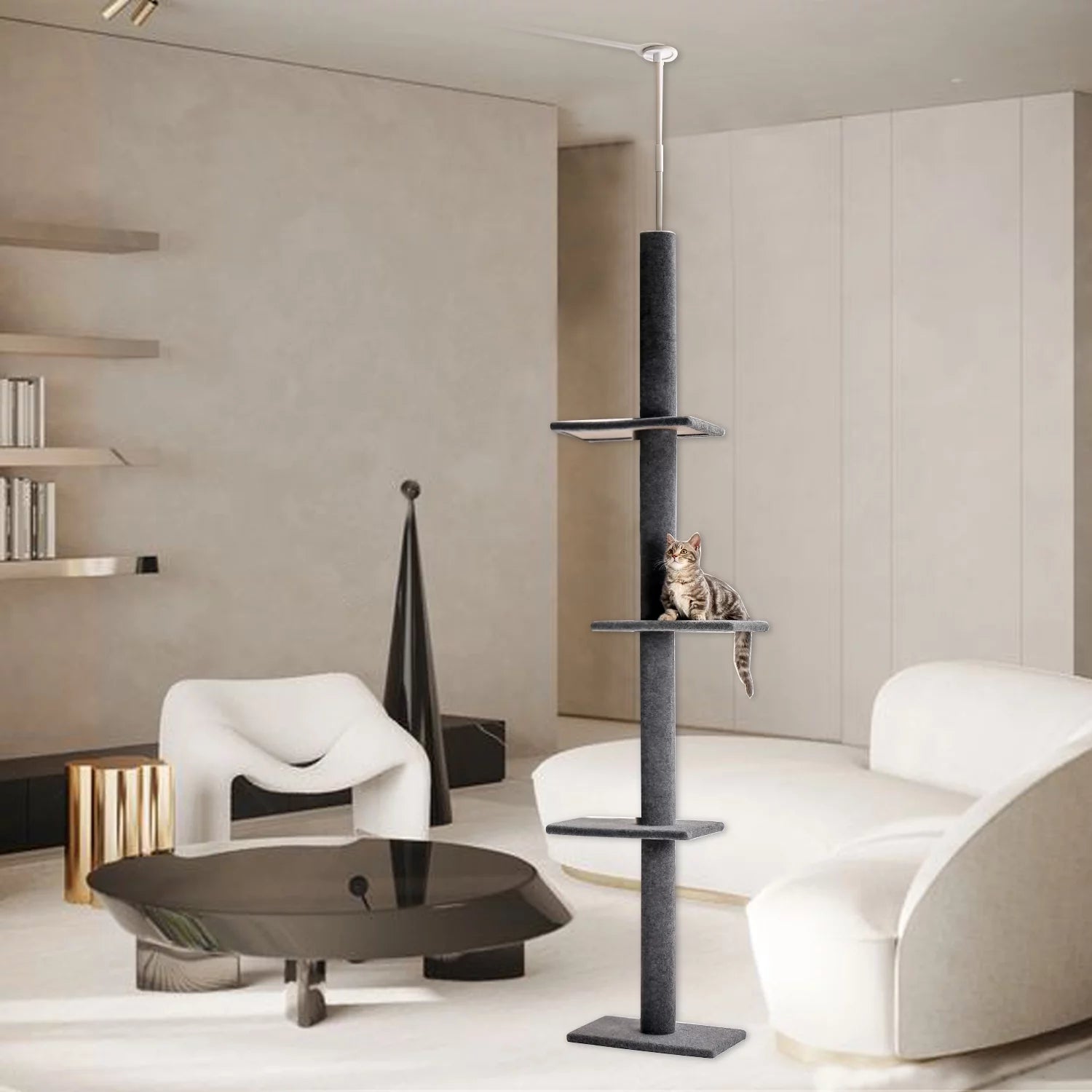 Elevate Your Cat's Playtime with the Adjustable 90-107" Gray Floor to Ceiling Cat Tree Tower - 4 Tier Climbing Posts & Cozy Perches!