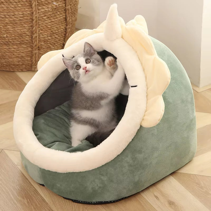 Cozy Cartoon Cat Bed with Pompom - Foldable, Washable & Removable Cushion for Ultimate Comfort