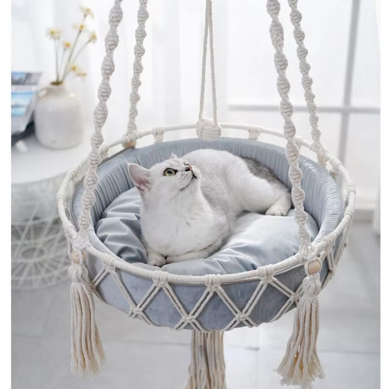 Elevate Your Cat's Comfort with Our Bohemian Handwoven Cotton Hammock Swing Bed - Perfect for Home Décor!