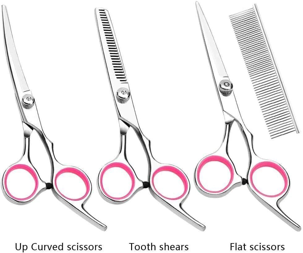 Professional Pet Dog Grooming Scissors Set - Stainless Steel Straight, Curved, and Thinning Shears with Trimmer Kits