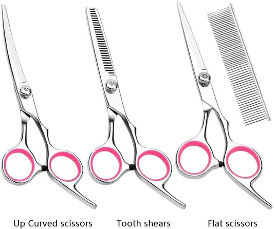 Professional Pet Dog Grooming Scissors Set - Stainless Steel Straight, Curved, and Thinning Shears with Trimmer Kits