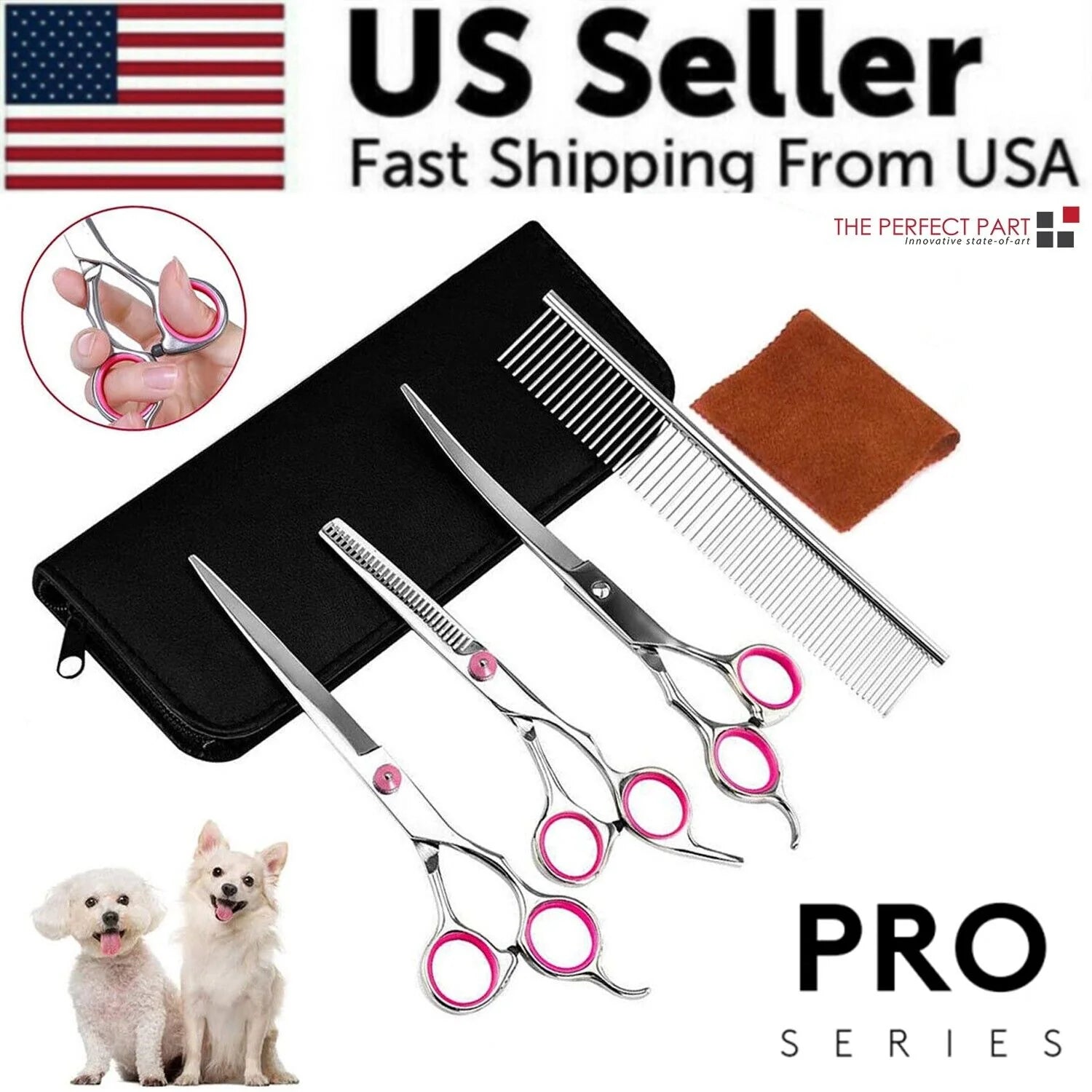 Professional Pet Dog Grooming Scissors Set - Stainless Steel Straight, Curved, and Thinning Shears with Trimmer Kits