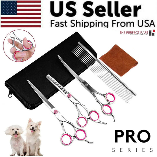 Professional Pet Dog Grooming Scissors Set - Stainless Steel Straight, Curved, and Thinning Shears with Trimmer Kits