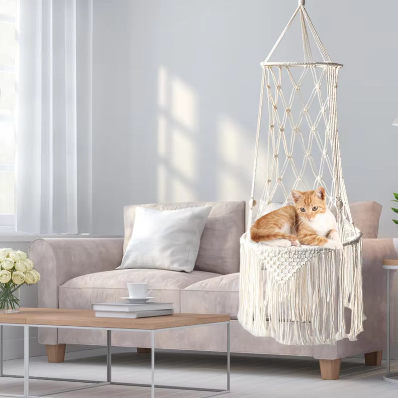 Elevate Your Cat's Comfort with Our Bohemian Handwoven Cotton Hammock Swing Bed - Perfect for Home Décor!