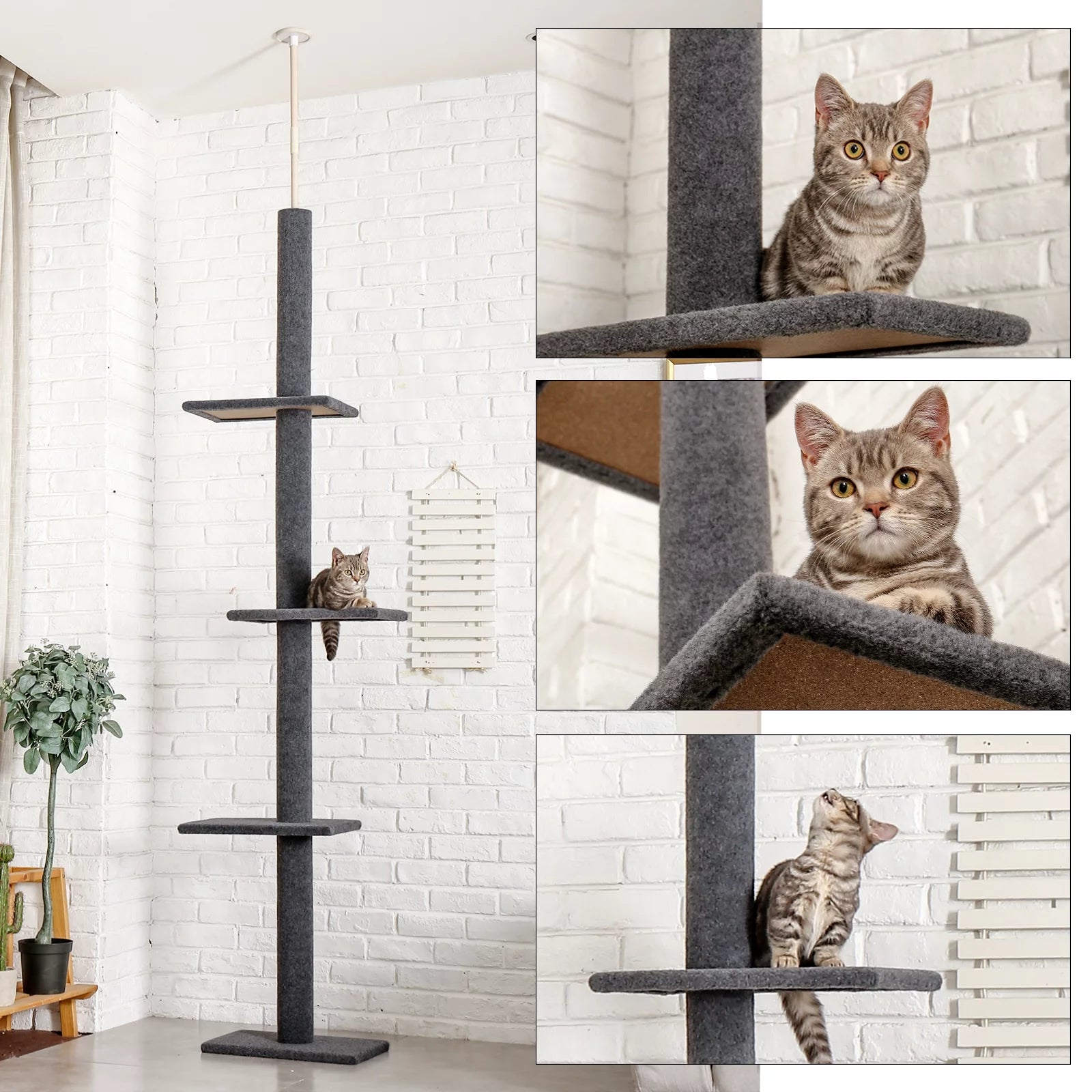 Elevate Your Cat's Playtime with the Adjustable 90-107" Gray Floor to Ceiling Cat Tree Tower - 4 Tier Climbing Posts & Cozy Perches!