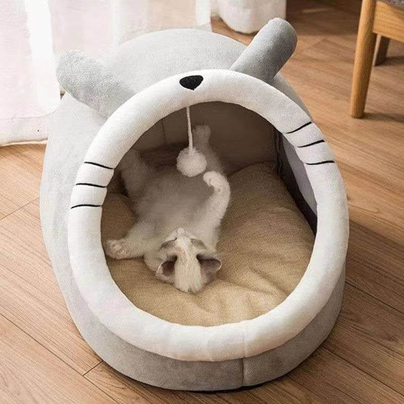 Cozy Cartoon Cat Bed with Pompom - Foldable, Washable & Removable Cushion for Ultimate Comfort