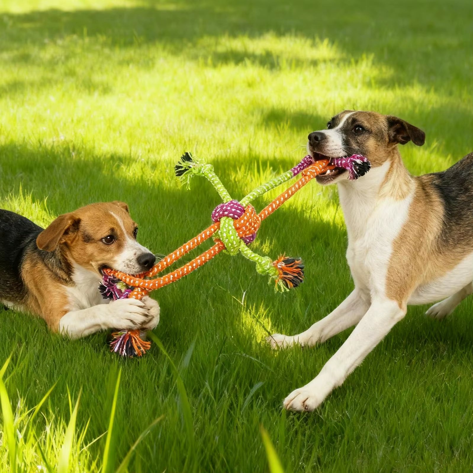 Durable Interactive Knot Toy for Dogs - Chewable Rope with Playful Green & Orange Fringes