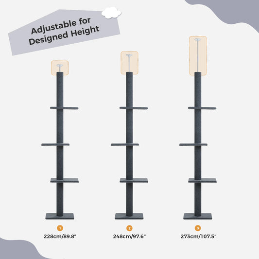 Elevate Your Cat's Playtime with the Adjustable 90-107" Gray Floor to Ceiling Cat Tree Tower - 4 Tier Climbing Posts & Cozy Perches!