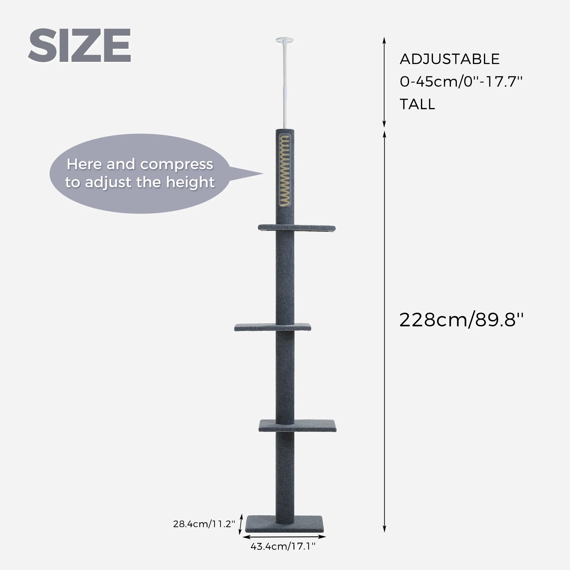 Elevate Your Cat's Playtime with the Adjustable 90-107" Gray Floor to Ceiling Cat Tree Tower - 4 Tier Climbing Posts & Cozy Perches!