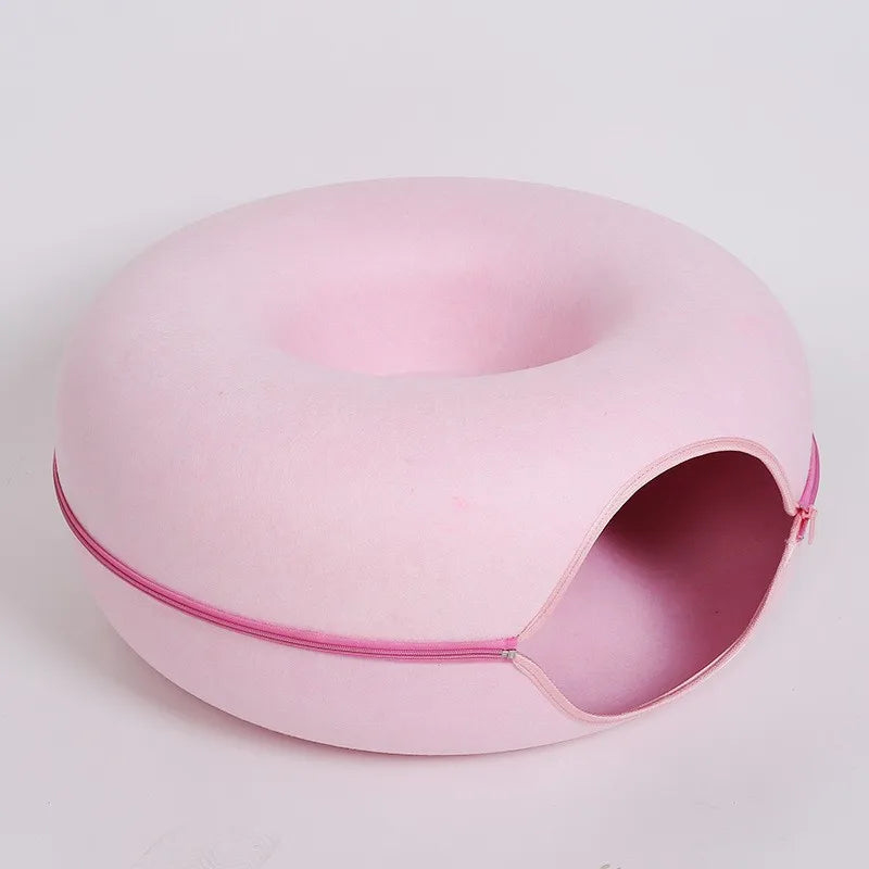Cozy Donut Cat Bed with Interactive Tunnel - Perfect Indoor Playhouse for Your Feline Friend