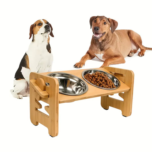 Elevate Your Pet's Dining Experience with the 6-Gears Adjustable Bamboo Dog & Cat Bowl Stand