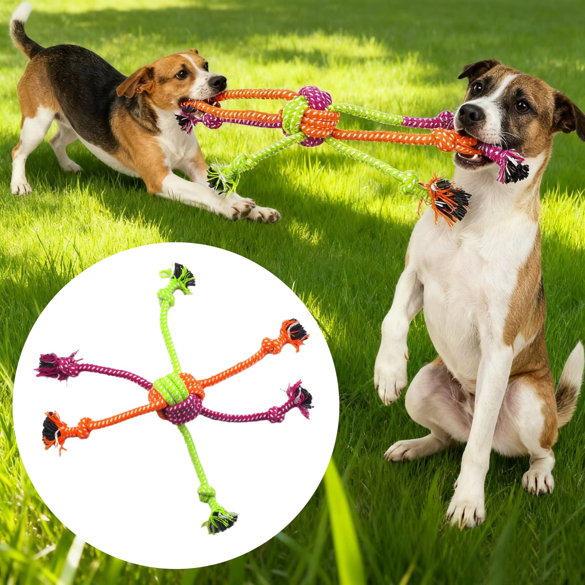 Durable Interactive Knot Toy for Dogs - Chewable Rope with Playful Green & Orange Fringes