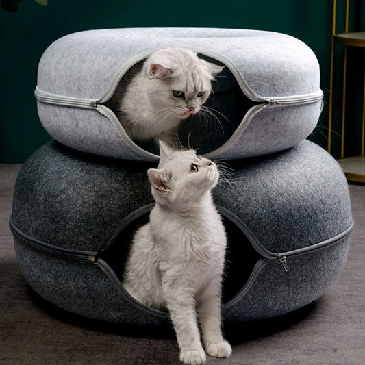 Cozy Donut Cat Bed with Interactive Tunnel - Perfect Indoor Playhouse for Your Feline Friend