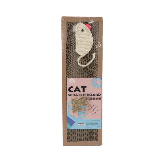 Cat scratching board with a mouse-shaped toy on top, perfect for scratching and playtime for cats.