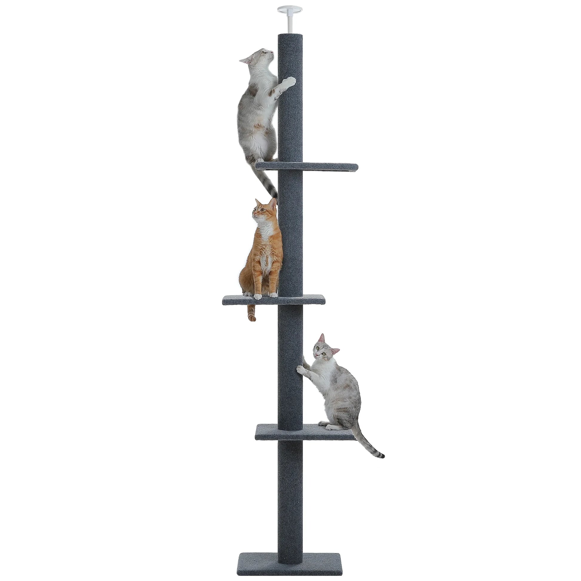 Elevate Your Cat's Playtime with the Adjustable 90-107" Gray Floor to Ceiling Cat Tree Tower - 4 Tier Climbing Posts & Cozy Perches!
