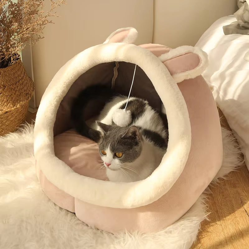 Cozy Cartoon Cat Bed with Pompom - Foldable, Washable & Removable Cushion for Ultimate Comfort