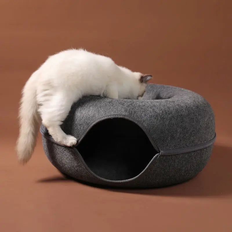 Cozy Donut Cat Bed with Interactive Tunnel - Perfect Indoor Playhouse for Your Feline Friend