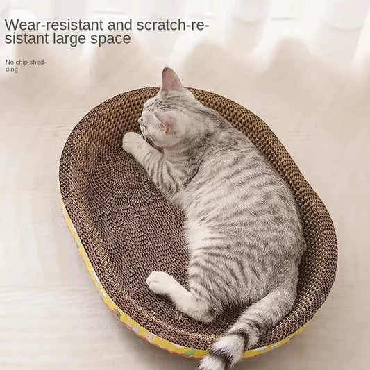 Cat lounging on a wear-resistant and scratch-resistant large cat scratching board.