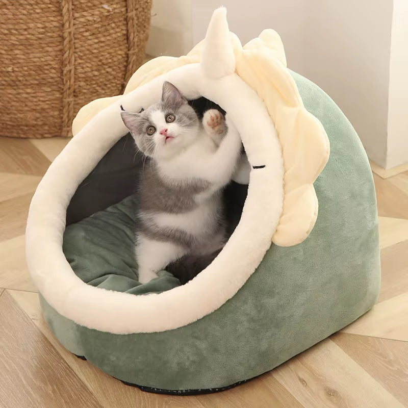 Cozy Cartoon Cat Bed with Pompom - Foldable, Washable & Removable Cushion for Ultimate Comfort