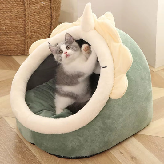 Cozy Cartoon Cat Bed with Pompom - Foldable, Washable & Removable Cushion for Ultimate Comfort