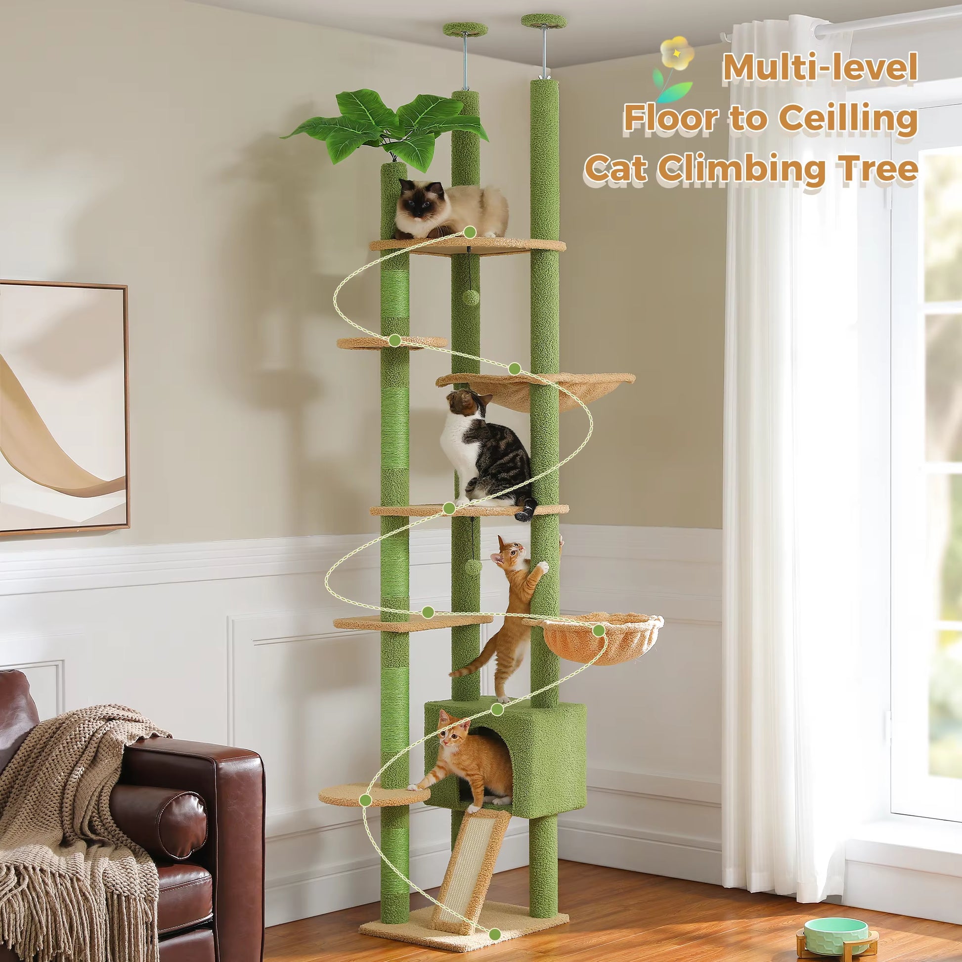 Transform Your Home with Our 230-252CM Cactus Cat Tree: A Stylish Floor-to-Ceiling Tower with 7 Tiers, Cozy Hammocks, and Green Leaves for Happy Cats