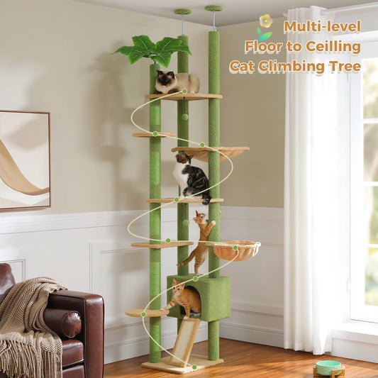 Transform Your Home with Our 230-252CM Cactus Cat Tree: A Stylish Floor-to-Ceiling Tower with 7 Tiers, Cozy Hammocks, and Green Leaves for Happy Cats