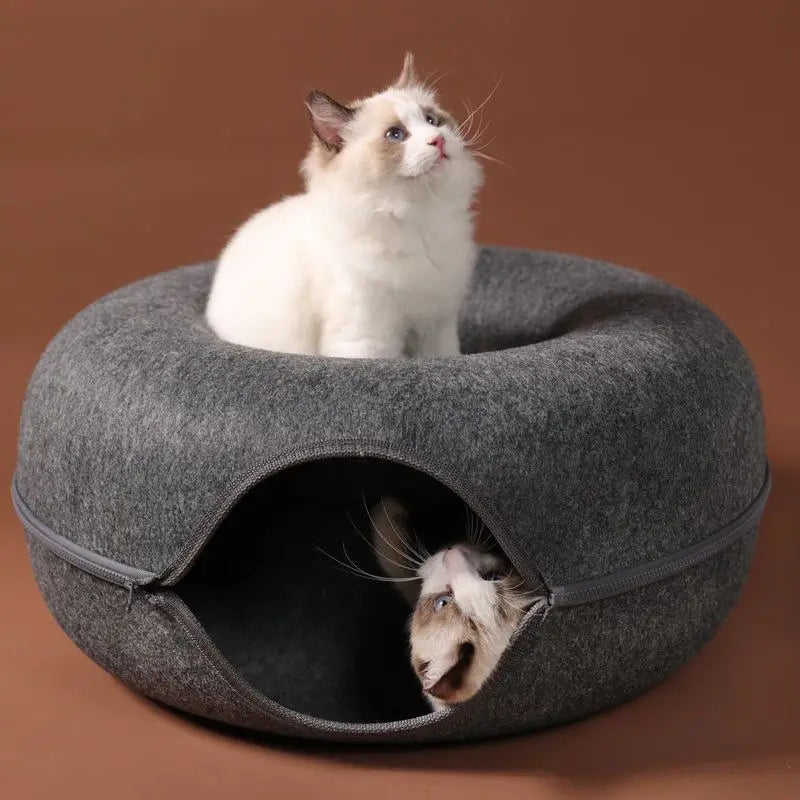 Cozy Donut Cat Bed with Interactive Tunnel - Perfect Indoor Playhouse for Your Feline Friend