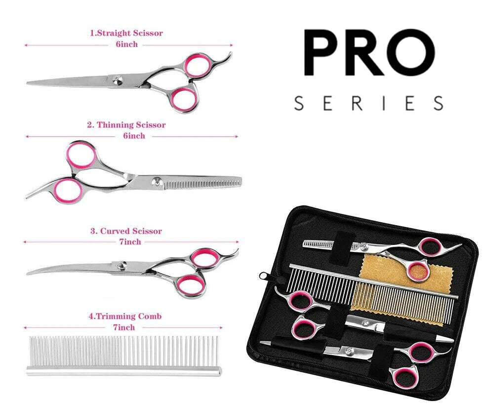 Professional Pet Dog Grooming Scissors Set - Stainless Steel Straight, Curved, and Thinning Shears with Trimmer Kits
