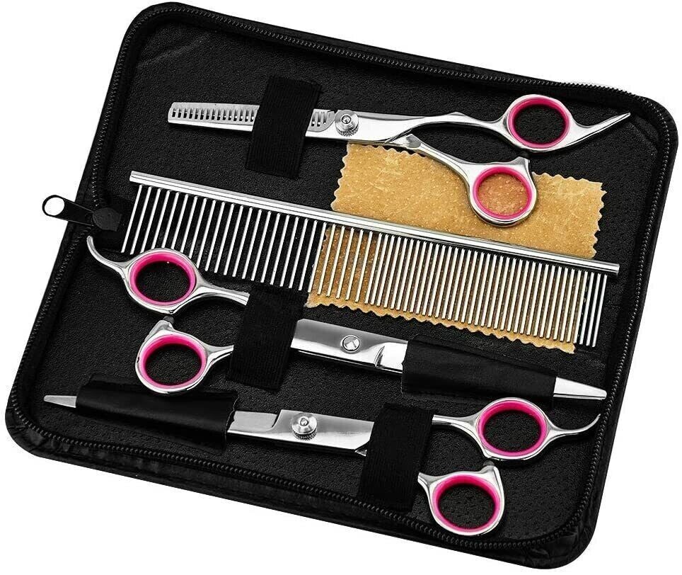 Professional Pet Dog Grooming Scissors Set - Stainless Steel Straight, Curved, and Thinning Shears with Trimmer Kits