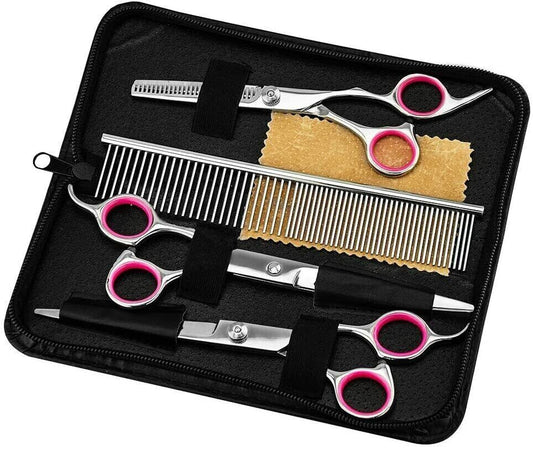 Professional Pet Dog Grooming Scissors Set - Stainless Steel Straight, Curved, and Thinning Shears with Trimmer Kits