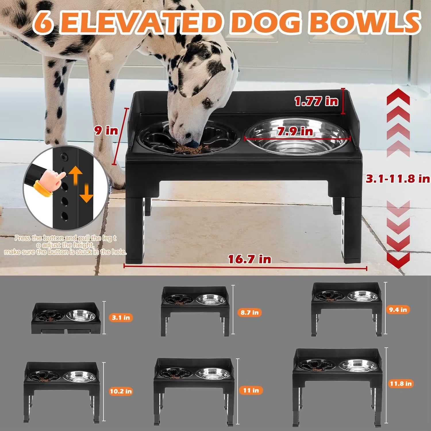 Elevate Your Dog's Dining Experience: 6-Height Adjustable Elevated Bowl Stand with 2 Durable Stainless Steel Bowls - Non-Slip, Spill-Proof Feeder for All Breeds