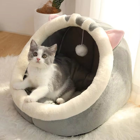 Cozy Cartoon Cat Bed with Pompom - Foldable, Washable & Removable Cushion for Ultimate Comfort